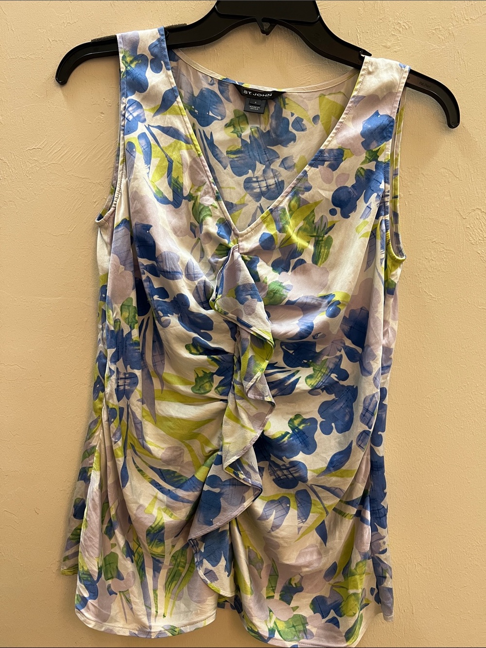 St. John Blue and Green Floral Ruffle V-Neck silk Top Camisole